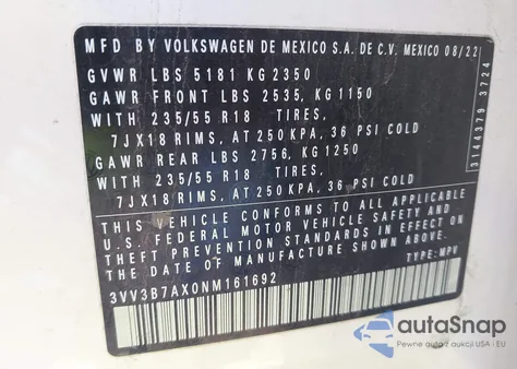 2022 Volkswagen Tiguan 2.0T Se z USA, uszkodzony, nr VIN 3VV3B7AX0NM161692